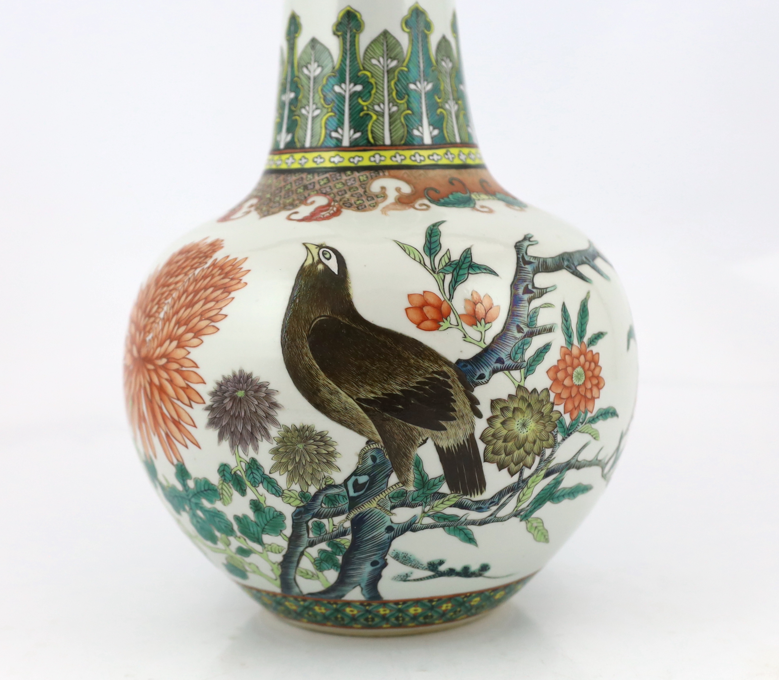 A Chinese famille verte ‘black bird’ bottle vase, Daoguang mark and of the period (1821-50), neck restored